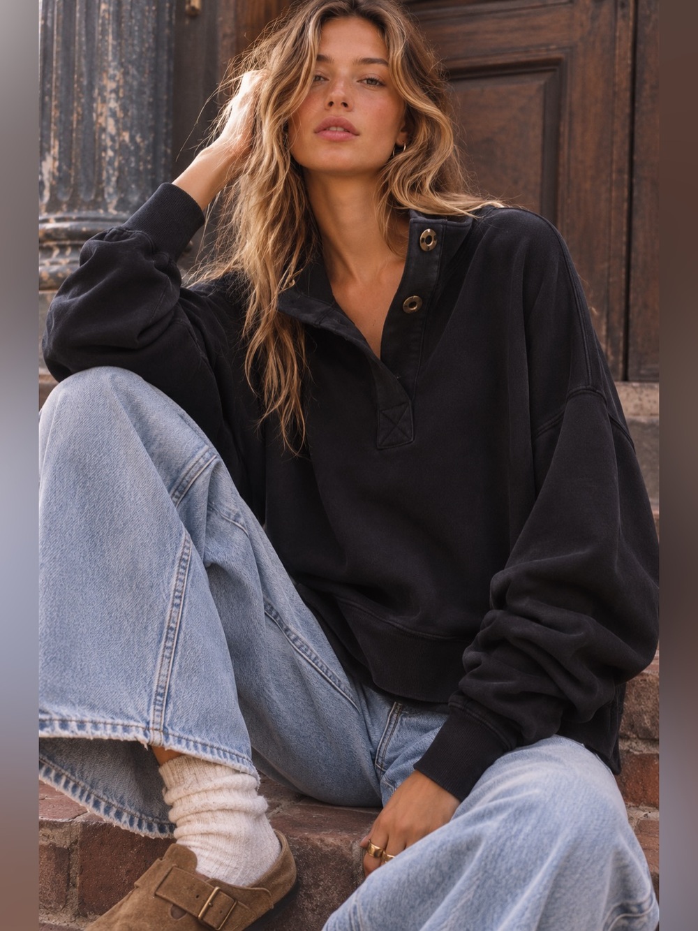 Free People Timeless Funnel Neck Pullover Black | L